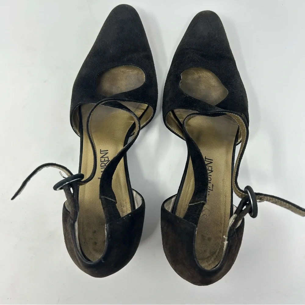 Yves Saint Laurent Suede Brown Strap‎ Pumps Size 7.5N Vintage Designer Shoes